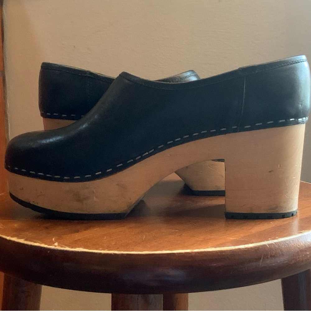 Swedish Hasbeens Black Leather Mules with Wooden Heel